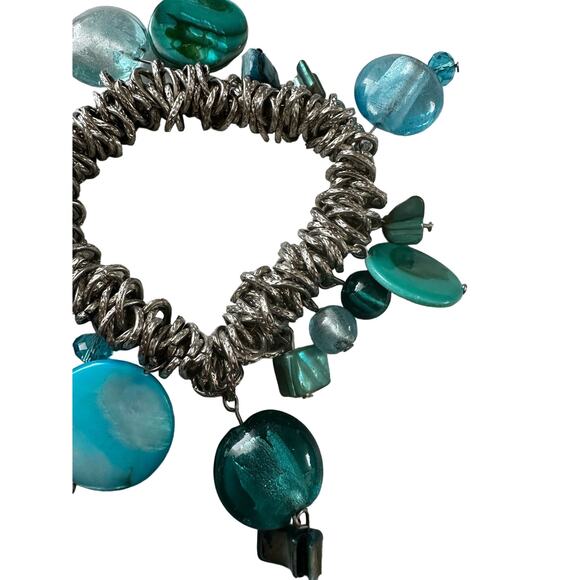 Blue Glass Bead and Shell Stretch Bracelet - Picture 2 of 5